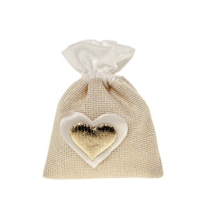 Bomboniera sacchetto tessuto con inserto cuore oro 8 x h 10 cm confezione 12 pz art C2736