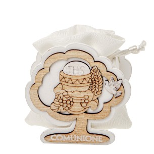 Bomboniera albero legno simbolo comunione e sacchetto bianco confetti h 8 cm confezione 6 pz art SC672