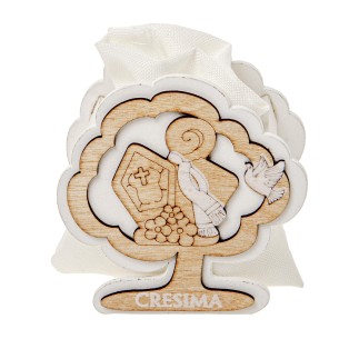 Bomboniera albero legno simbolo Cresima e sacchetto bianco confetti h 8 cm confezione 6 pz art SC673