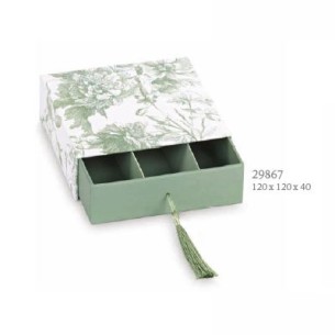 Bomboniera scatola toile colore Eucalipto con inserto nappina 12 x 12 x h 4 cm confezione 6 pz art 29867