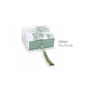 Bomboniera scatola toile colore eucalipto con inserto nappina 7 x 7 x h 3 cm confezione 6 pz art 29866
