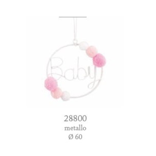 Decorazione cerchio metallo scritta baby con pon pon rosa d 6 cm confezione 12 pz art 28800