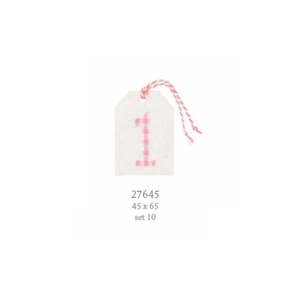 Decorazione Etichetta tag in tessuto bianco con numero 1 rosa 4,5 x h 6,5 cm conf. 10 pz art 27645
