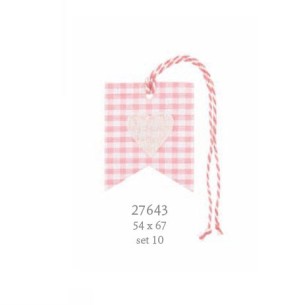 Decorazione Etichetta tag in tessuto quadretti rosa inserto cuore 5,4 x h 6,7 cm conf. 10 pz art 27643