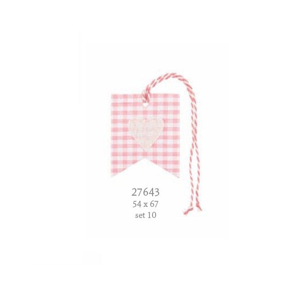 Decorazione Etichetta tag in tessuto quadretti rosa inserto cuore 5,4 x h 6,7 cm conf. 10 pz art 27643