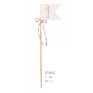 Decorazione Stecca bandierina tag in tessuto bianco con numero 1 rosa h 19 cm conf. 10 pz art 27646