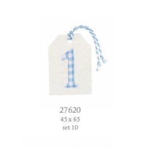 Decorazione Etichetta tag in tessuto bianco con numero 1 celeste 4,5 x h 6,5 cm conf. 10 pz art 27620
