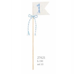 Decorazione Stecca bandierina tag in tessuto bianco con numero 1 celeste h 19 cm conf. 10 pz art 27621