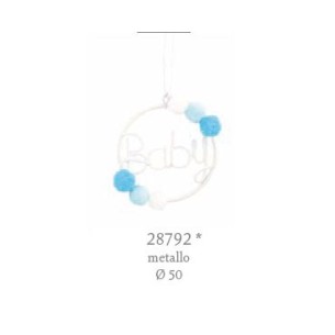 Decorazione cerchio metallo scritta baby con pon pon celeste d 5 cm confezione 12 pz art 28792