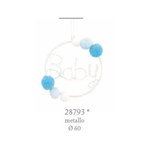 Decorazione cerchio metallo scritta baby con pon pon celeste d 6 cm confezione 12 pz art 28793