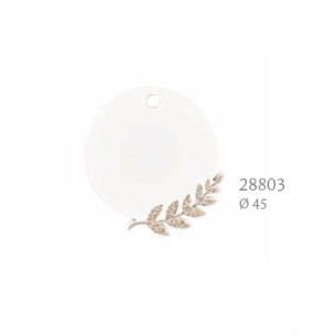 Decorazione bomboniera ciondolo tondo legno bianco con spiga oro D 4,5 cm confezione 12 pz art 28803