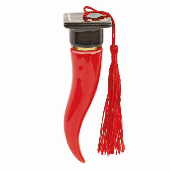 Bomboniera decorazione cornetto rosso porcellana con cappello tocco laurea e nappina h 11 cm con scatola art 29713