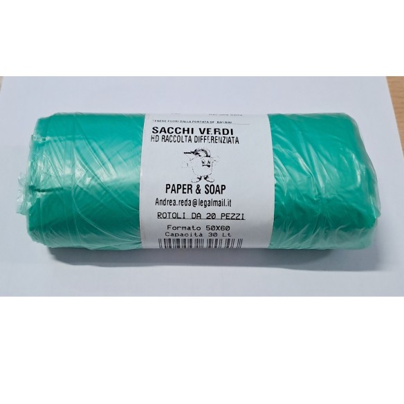 Sacchetto Busta Spazzatura Biodegradabile verde antigoccia 50 x 60 rotolo da 20 pz Art 50X60VERDI
