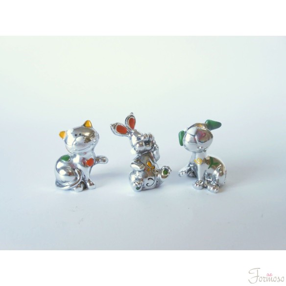 Set 3 animali resina argentata cane gatto coniglio h 45 mm bomboniera art 04864