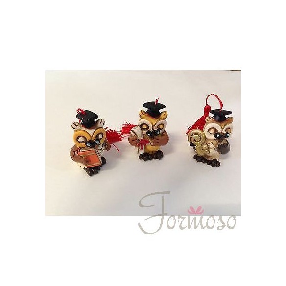Gufi per laurea assortiti in resina h 50 mm bomboniera set 3 pz - art 04456
