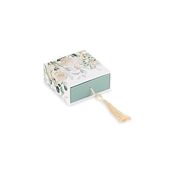 Bomboniera scatola Blooming love  colore Verde ORO  con inserto nappina 7 x 7 x h 3 cm confezione 6 pz art 229971S