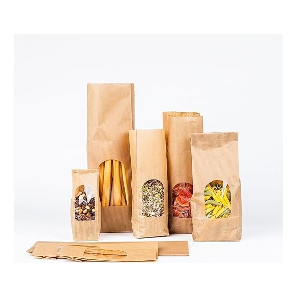 Buste Carta neutra con fondo quadro con finestra  alimenti trasparente 11 x 5 x h 34 cm 50 pz art BNF113462