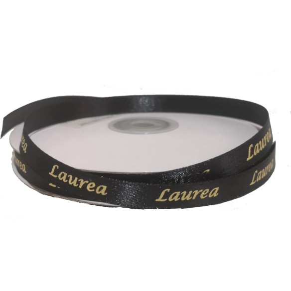 Nastro Doppio Raso 10mm Rotolo Bobina 25mt Nero Scritta "LAUREA" Oro art DL1017