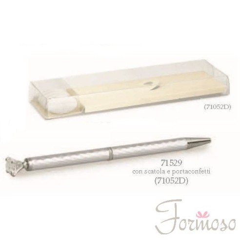 Penna argentata con strass bomboniera con scatola e porta confetti art 71529