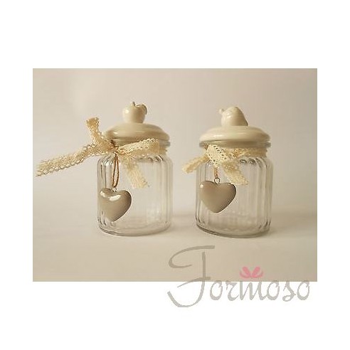 Set 2 barattolo vetro e coperchio bianco frutta h 130x80mm bomboniera art 02834