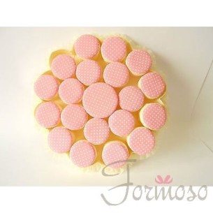 Torta Decorazione porta confetti in tessuto Rigido con 20 bon bon rosa pois D 40 cm art SC272
