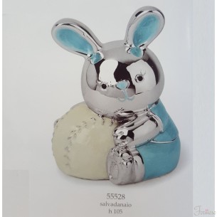 Salvadanaio coniglietto celeste porcellana bomboniera h 10,5 cm - art 55528