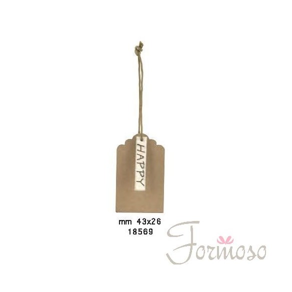 Etichetta marrone scritta "HAPPY" decorazione 43x26mm 12pz art 18569