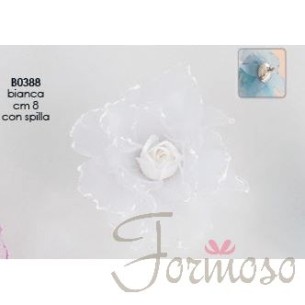 Fiore Bianco in organza con spilla 8 cm set 12 pz art B0388BIAN