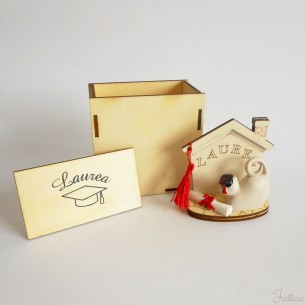 Casetta porta foto con gatto Laurea e scatola legno bomboniera 8 x 8 cm art 049147