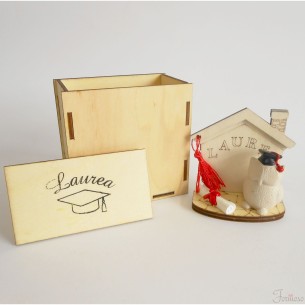 Casetta porta foto con Gufo Laurea e scatola legno bomboniera 80x80 mm art 049148