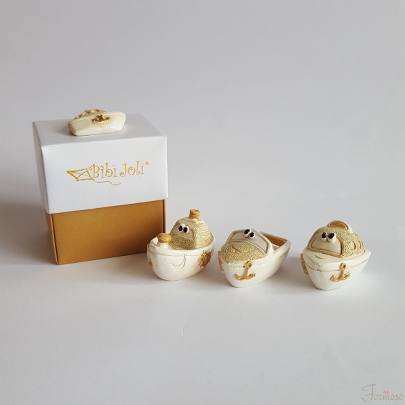 Nave barca resina avorio oro varie figure 55 mm bomboniera set 3pz art 049113