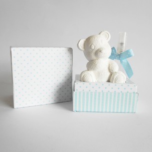 Diffusore Orsetto Bianco e Celeste gesso e scatola h 80mm bomboniera Art 08422