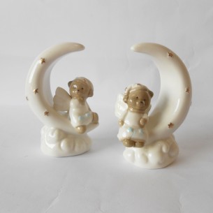 Orsetto angelo bianco Celeste ceramica su luna h 110mm set 2 pz art 03021