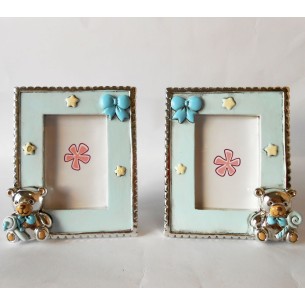 Orsetto Porta foto Celeste varie figure 8,5 x h 11 cm bomboniera set 2 pz art 049055