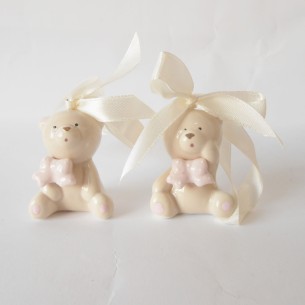 Orsetto ceramica beige fiocco rosa bomboniera h 50 mm conf 12 pz art 03024