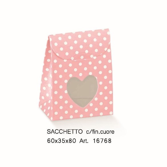 Scatola bomboniera Sacchetto finestra cuore Rosa Pois 6 x 3,5 x h 8 cm confezione 10 pz art 16768