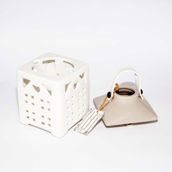 Lanterna in ceramica bianca e manico tessuto Bomboniera h160mm Art 01009