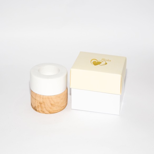 Porta candela ceramica bianca ed effetto legno Bomboniera matrimonio Art IL552