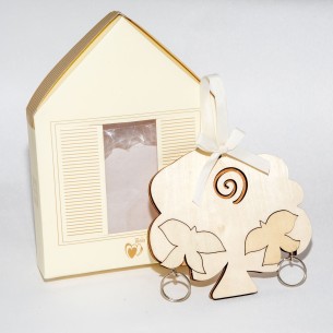 Porta chiavi in legno figura Rondini con scatola casetta Bomboniera 140x130mm Art IL564