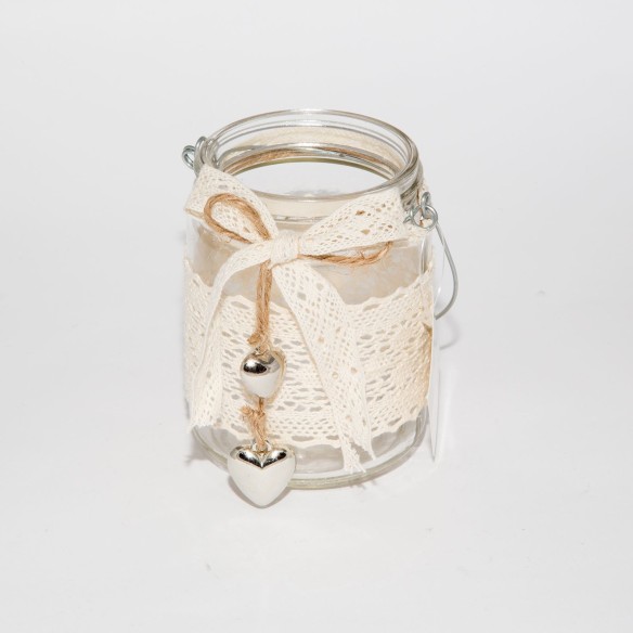 Bomboniera Decorazione Vasetto vetro trasparente pizzo e inserto cuore manico D 8 x 11 cm Art 71606