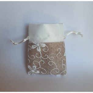Bomboniera Sacchetto tessuto Bianco tortora con ricami fiore 8 x 10 cm set 12 pz art C1702