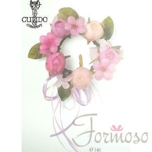 Coroncina  giro candela  con fiori cipria rosa fuxia decorazione D 14 cm art 56841