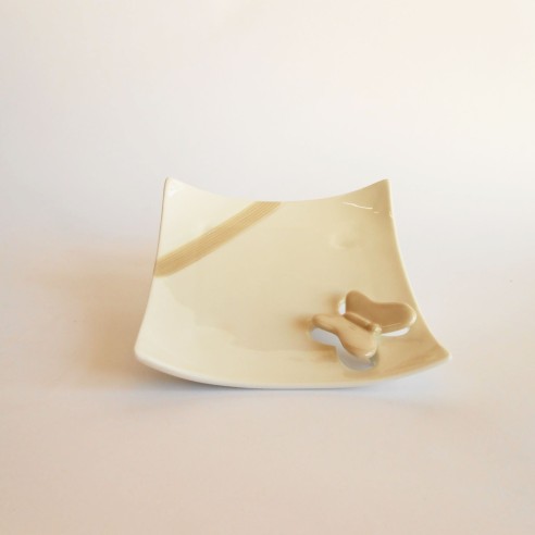 Bomboniera Piattino in ceramica Beige e Avorio inserto farfalla 13 x 13 cm Art 02057