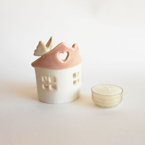 Bomboniera Porta candela casetta con farfalla in Ceramica Tealight Art 02052