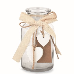 Bomboniere barattolo vetro trasparente con cuori in legno bianco art 27909