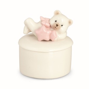 Bomboniera scatola orsetto in ceramica rosa Battesima Nascita art 27445