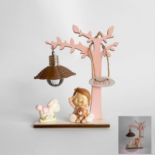 Bomboniera lampada albero legno con bebè Rosa e cavallo h 16 cm art 049287