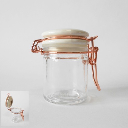 Bomboniera Decorazione Barattolo ermetico vetro trasparente e Tappo bianco  e rame h 6,5 cm set