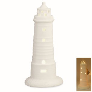 Bomboniera decorazione Faro in Ceramica Opaca Bianca con luce led gialla art 28320
