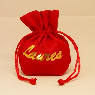 Bomboniera Saccoccio in tessuto Rosso con scritta laurea oro 11 pz art C1895